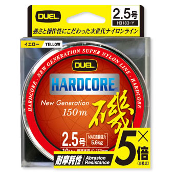 フロロを超える低伸度性と耐摩耗性、ナイロンを凌駕する耐久性を備えた次世代ライン。初期性能が持続するからいつもしなやか。驚異の耐摩耗性5倍（デュエル比） これまでにない表面滑性による抜群の遠投性と操作性